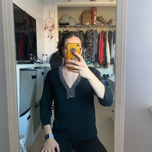 Black PETITE large shirt with a pearl beaded collar